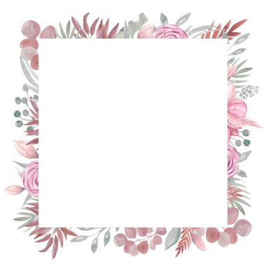 Çiçekli suluboya çiçek yaprakları, tropikal yapraklar, okaliptüs dalları, kurumuş sonbahar çiçekleri ve dalları çerçeveletir. Botanik elementler