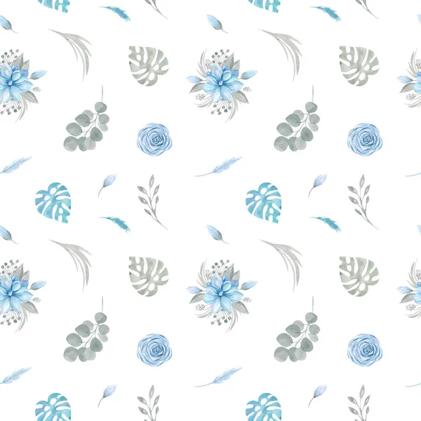 물없는 색깔의 꽃무늬와 배경의 과푸른 매그놀리아 유칼립투스의 식물학적 — 스톡 사진