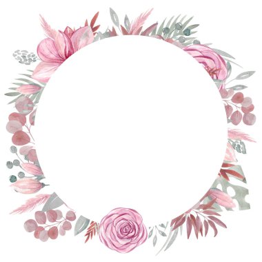 Suluboya Floral Boho çerçevesi, sonbahar kurumuş çiçekler ve dallar. Pembe çiçek yaprakları, tropik yapraklar, okaliptüs dalları. Botanik elementler