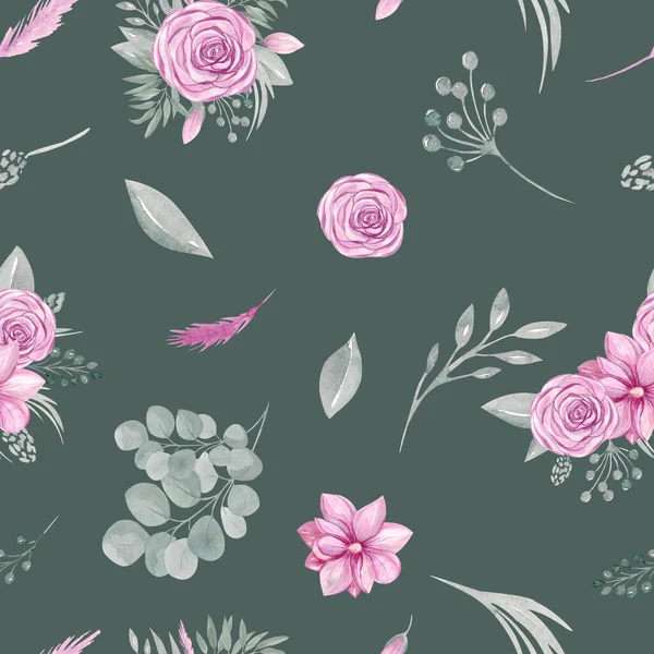 Aquarell Nahtloses Muster Aus Floralen Elementen Auf Dunkelgrünem Hintergrund Rosa — Stockfoto