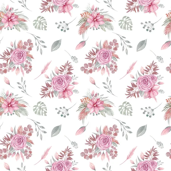 Watercolor Seamless Pattern Floral Elements White Background Autumn Boho Dried — Stock Photo, Image