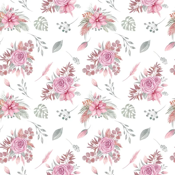 Watercolor seamless pattern of floral elements on a white background. Autumn boho dried flowers, tropical leaves, eucalyptus leaf and branch