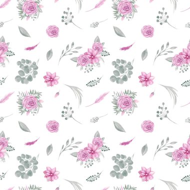 Beyaz bir arka planda çiçek desenli suluboya desenler. Pembe çiçekler okaliptüsün yaprakları, yaprakları ve dalları.