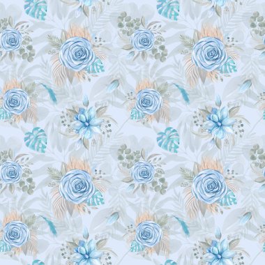 Mavi arkaplanda Boho buketi ve kurumuş tropikal yaprakların kusursuz desenli suluboya çizimi. Çiçek aranjmanı.