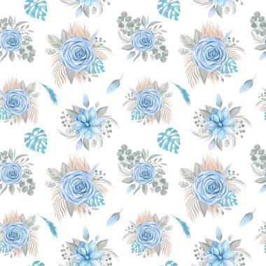 Beyaz bir zemin üzerinde mavi gül ve kurumuş tropik yapraklardan oluşan Boho buketinin kusursuz desenli suluboya çizimi. Çiçek aranjmanı.