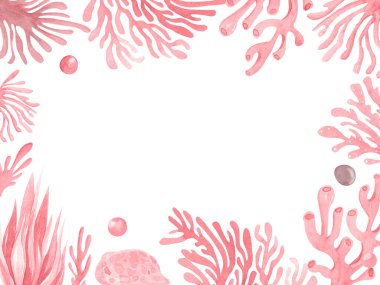 Kırmızı mercanın dekoratif çerçevesinin suluboya çizimi. Metnin ve tasarımın için ön plan