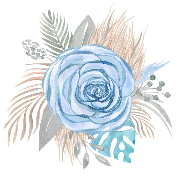 Akwarela Ilustracja Bukiet Boho Niebieskiej Róży Suszonych Liści Tropikalnych Kwiaty — Zdjęcie stockowe