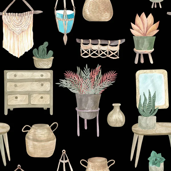 无缝图案的布荷植物和室内花卉在篮子和挂盆家具的内部元素 黑色背景的现代家居装饰水彩画 — 图库照片