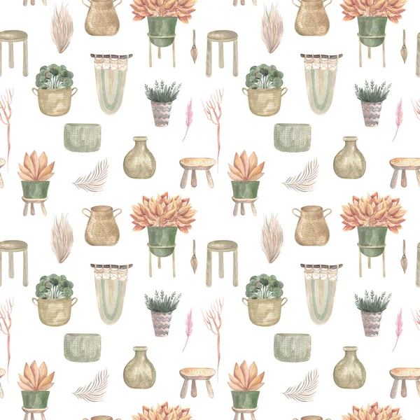 Seamless pattern of boho plants and indoor flowers in baskets and hanging pots macrame decor. Watercolor illustration of a modern home interior on a white background