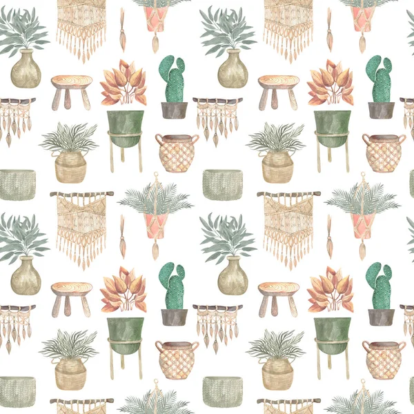 Seamless pattern of boho plants and indoor flowers in baskets and hanging pots macrame decor. Watercolor illustration of a modern home interior on a white background