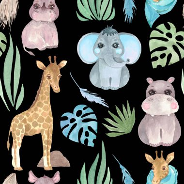 Hayvanların ve tropikal bitkilerin kusursuz Safari deseni, siyah arka planda canavar yaprağı. Çocuk tasarımı Zürafa Fil Hippo Rhino 'nun suluboya çizimi.