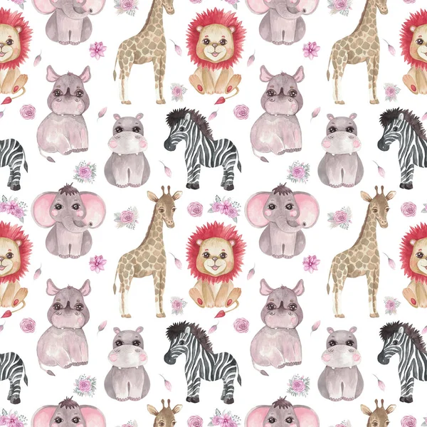 Beyaz arka planda kusursuz bir hayvan ve çiçek deseni. Çocuk tasarımı olan zürafa Zebra Fil Hippo Rhino 'nun suluboya çizimi.
