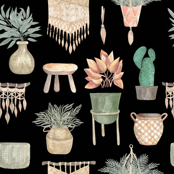 Padrão sem costura de plantas boho e flores interiores em cestas e vasos pendurados decoração macrame Watercolor ilustração de um interior moderno casa em um fundo preto — Fotografia de Stock