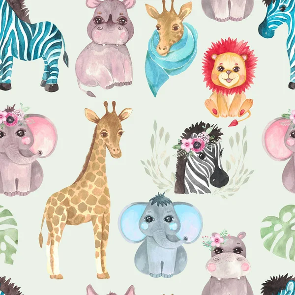 Yeşil arka planda kusursuz bir hayvan ve çiçek deseni. Bir çocuk tasarımı olan Zürafa Zebra Fili Hippo Rhino 'nun suluboya çizimi.