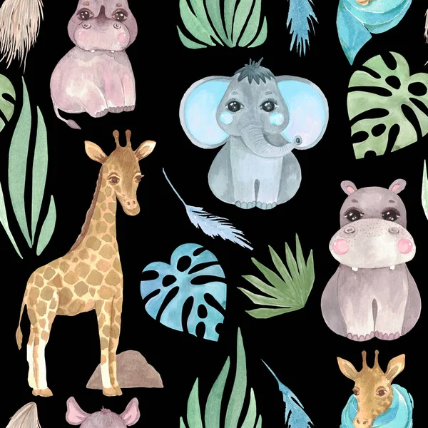 Patrón Safari sin costuras de animales y plantas tropicales, hoja de monstera sobre fondo negro Ilustración en acuarela de un diseño infantil Jirafa Elefante Hippo Rhino — Foto de Stock