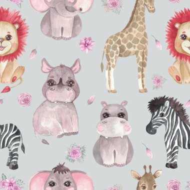Gri arkaplanda kusursuz Safari desenli hayvanlar ve çiçekler. Çocuk tasarımı bir zürafa Zebra Fil Hippo Rhino 'nun suluboya çizimi.
