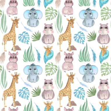 Hayvanların ve tropikal bitkilerin kusursuz Safari deseni beyaz arka planda canavar yaprağı çocuk tasarımı Zürafa Zebra Fili Gergedan Hippo 'nun suluboya çizimi