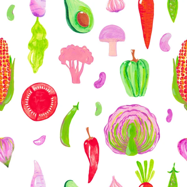 Patrón sin costuras de verduras sobre un fondo blanco. Acuarela ilustración pintada a mano El concepto de comida saludable —  Fotos de Stock