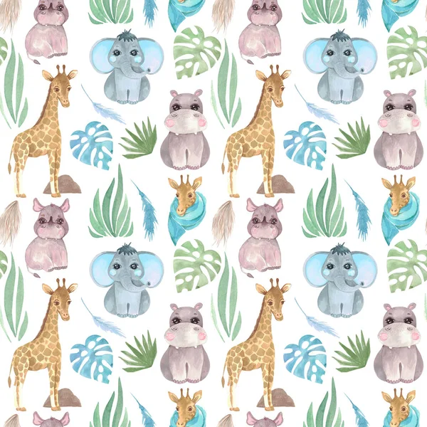Seamless Safari pattern of animals and tropical plants, monstera leaf on a white background Watercolor illustration of a kid design Giraffe Zebra Elephant Hippo Rhino