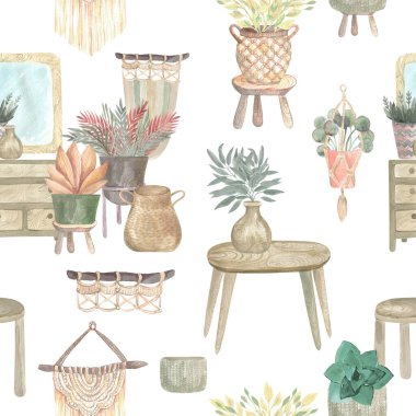 Kusursuz desenli boho bitkileri ve kapalı sepetlerdeki çiçekler ve mobilya kapları iç dekorasyonları suluboya resimleme beyaz arka planda modern ev dekorasyonu.