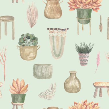 Kusursuz boho bitkileri ve kapalı kapılar içinde çiçekler ve asma kaplar makrome dekor. Yeşil arka planda modern bir ev tasarımının suluboya çizimi.