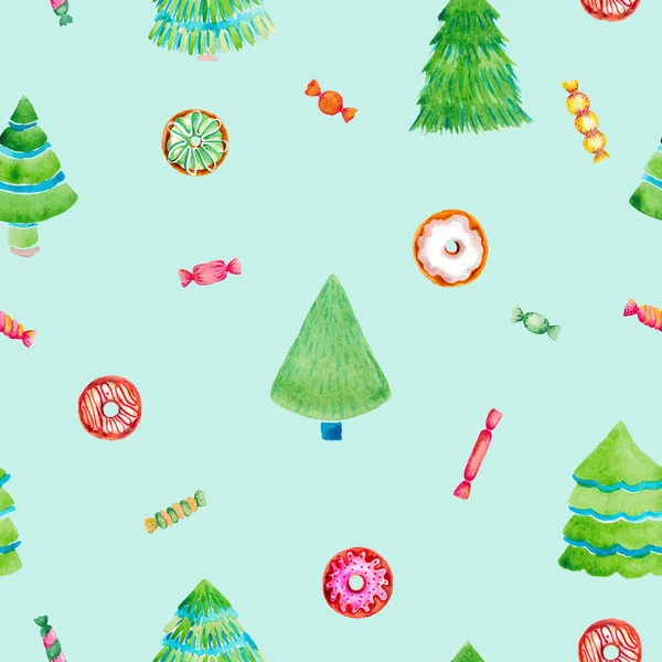 Χριστουγεννιάτικο δέντρο ντόνατς καραμέλα γλυκό αδιάλειπτη μοτίβο σε μπλε φόντο Υδατογραφία εικονογράφηση χειμώνα Ταπετσαρία ψηφιακό χαρτί συσκευασίας δώρο περιτύλιγμα — Φωτογραφία Αρχείου