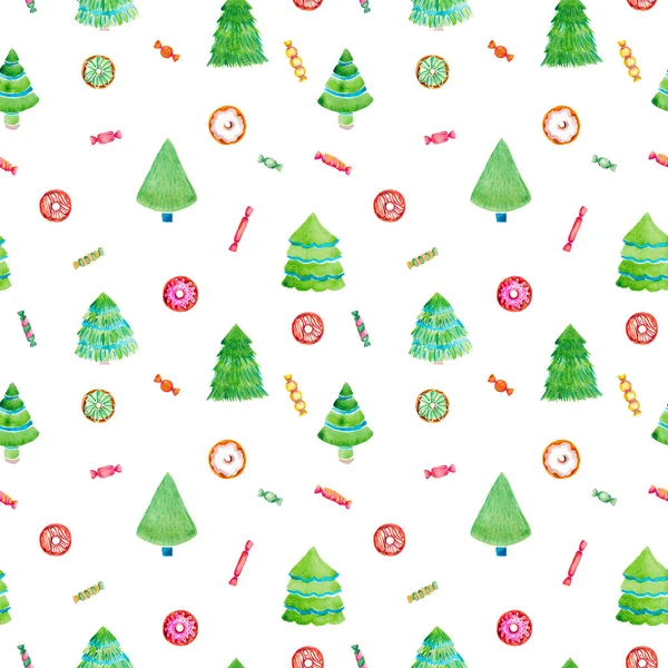 Kerstboom donuts snoep zoete naadloze patroon op witte achtergrond Aquarel illustratie winter Wallpaper digitaal papier pack cadeau wrap — Stockfoto