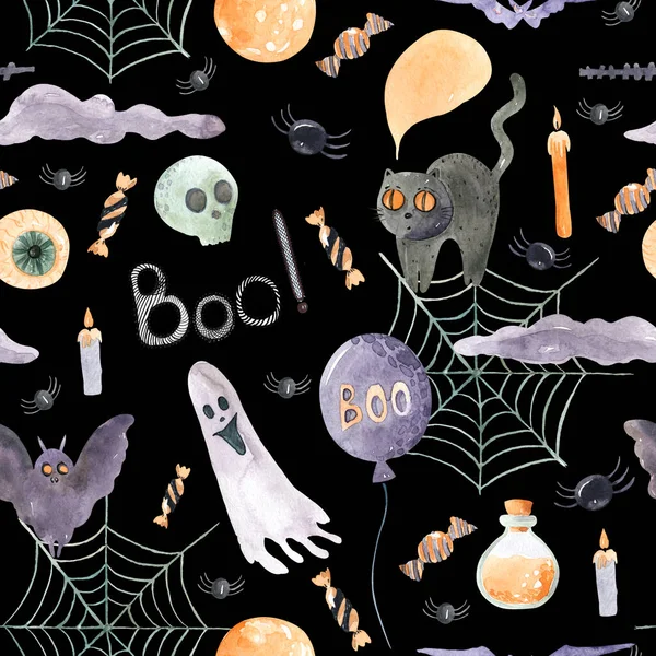 Sömlöst mönster av glad Halloween på en svart bakgrund. Akvarell handmålade tecknade element — Stockfoto