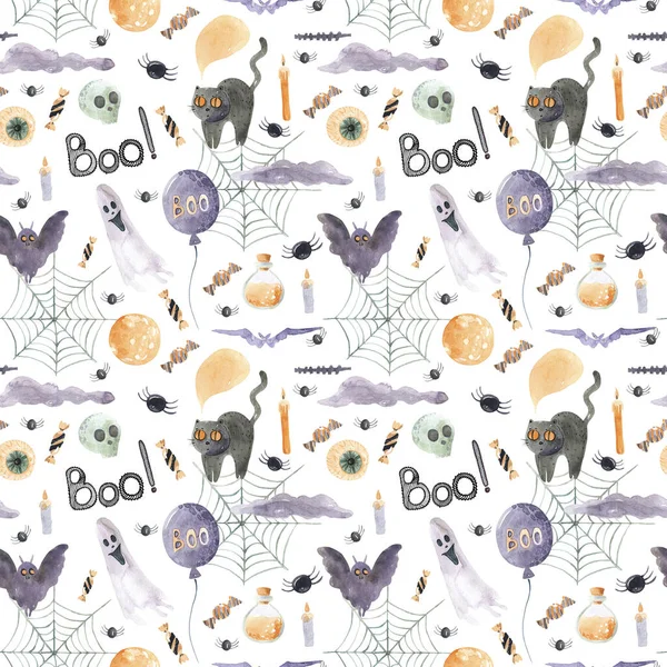 Seamless pattern of happy Halloween on a white background. Watercolor hand-painted cartoon elements.