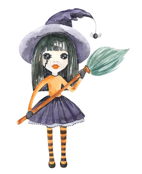 Halloween Character Witch Hat Broom Watercolor Hand Painted Cartoon Element — Stock Photo, Image