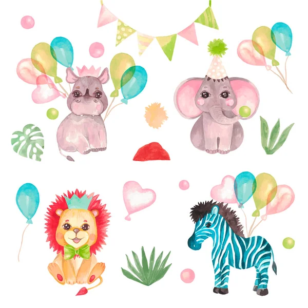 Колекція милих сафарі тварин з повітряними кулями День народження, дитячі персонажі, вектор — стоковий вектор