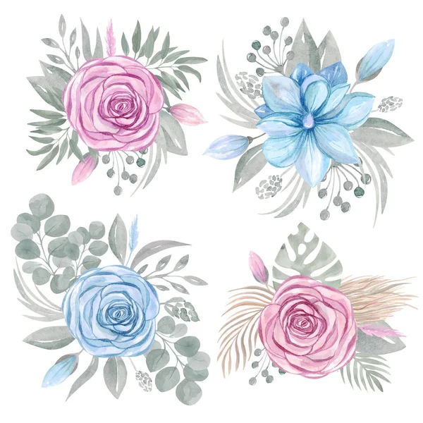 Ramo floral arreglo clipart. Colección de Bodas Boho. Flor rosa magnolia verde conjunto — Archivo Imágenes Vectoriales