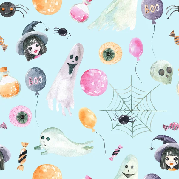 Seamless pattern of happy Halloween on a blue background. Watercolor hand-painted cartoon elements Portrait of a witch Ghost eye balloon