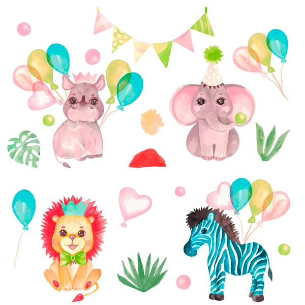 Safari Zvířata Narozeninová Párty Sada Dětských Designových Prvků Pro Pozvánky — Stockový vektor