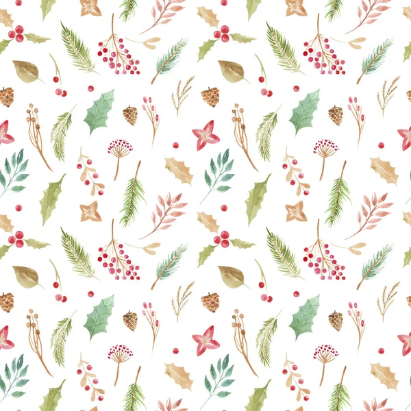 크리스마스 패턴의 꽃, 가지, 소나무, 딸기, 잎들이 흰색 배경에 있는 꽃, 꽃, 가지 — 스톡 사진