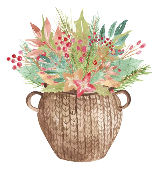 Cesta de vime Composição flores, galhos, folhas, bagas, agulhas, evergreen Elemento floral arranjo de inverno para casa interior, decoração home — Fotografia de Stock