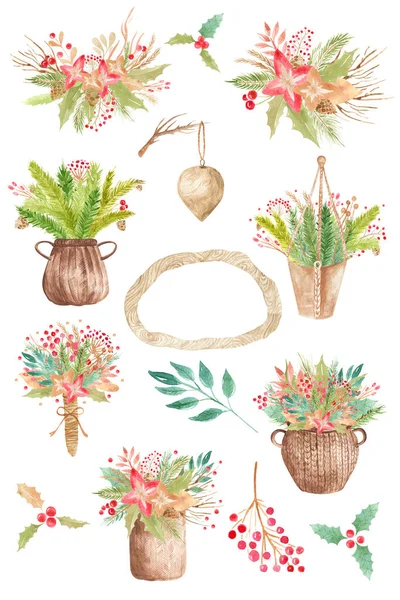 Vinter blomsterarrangemang clipart Botanisk samling av dekorativa element för bröllop inbjudningar, vykort, kort — Stockfoto