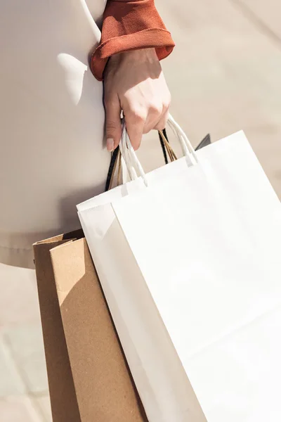 Close Partial View Young Woman Holding Shopping Bags Hand — Stock Photo, Image
