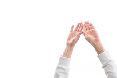 cropped view of woman with hands up, isolated on white clipart