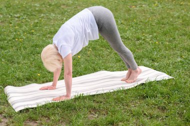 elderly woman in downward facing dog pose practicing yoga on mat on lawn clipart