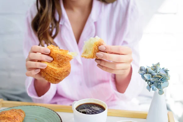 Partial View Woman Pajamas Having Croissant Coffee Breakfast — Stock Photo, Image