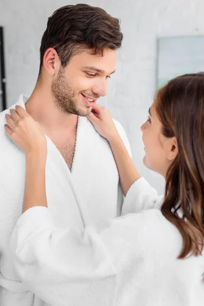 Happy Couple White Bathrobes Standing Together Morning — Stock Photo, Image