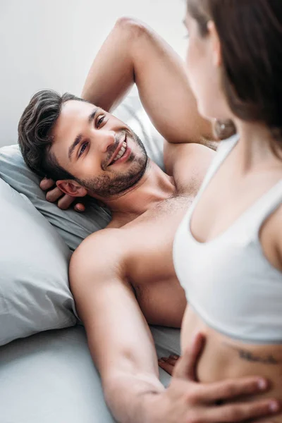 Couple Lovers Underwear Lying Bed Morning — Free Stock Photo