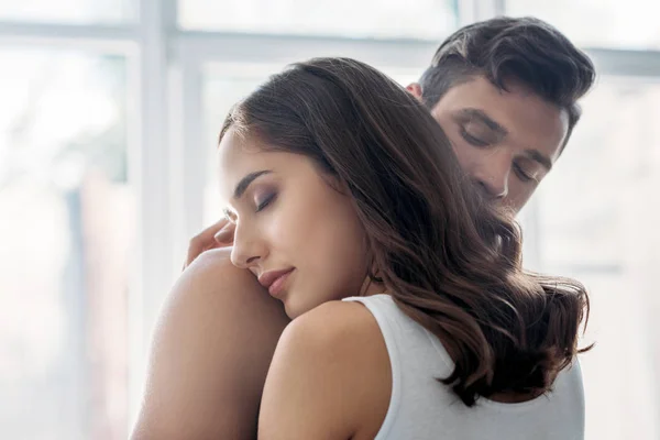 Affectionate Couple Hugging Closed Eyes Morning Home — Stock Photo, Image