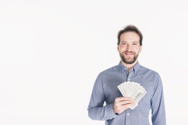 Doları banknot üzerinde beyaz izole el ile gülümseyen sakallı adam portresi
