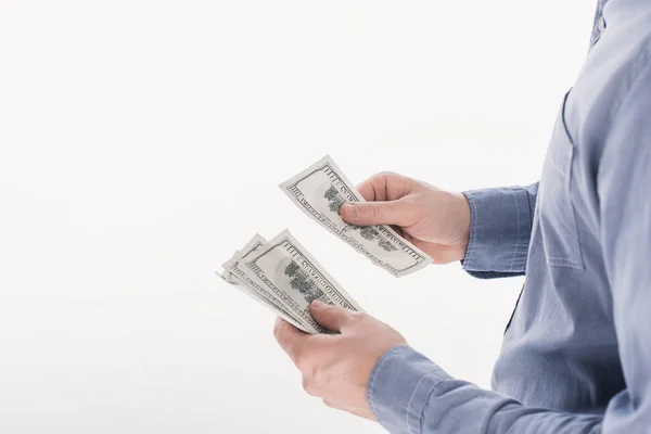 Bijgesneden Schot Van Man Dollar Biljetten Hand Tellen Geïsoleerd Wit — Stockfoto