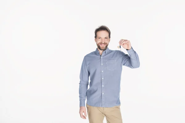 Retrato Hombre Barbudo Mostrando Llave Nueva Casa Mano Aislado Blanco — Foto de Stock