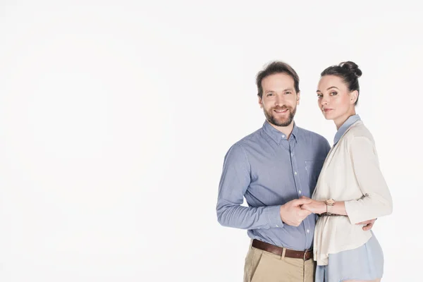 Portrait Smiling Married Couple Holding Hands Together Isolated White — Stock Photo, Image