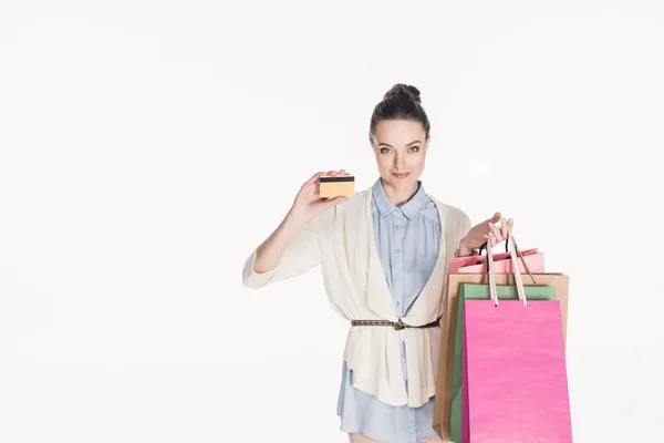 Retrato Mujer Con Estilo Con Bolsas Compras Que Muestran Tarjeta —  Fotos de Stock