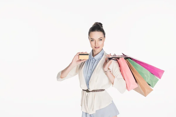 Retrato Mujer Con Estilo Con Bolsas Compras Que Muestran Tarjeta —  Fotos de Stock